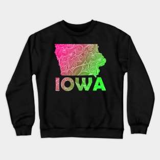 Colorful mandala art map of Iowa with text in pink and green Crewneck Sweatshirt